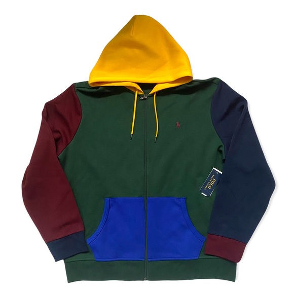 POLO RALPH LAUREN Men s Color Block Green Multicolor Full Zip Hoodie Sweatshirt Shirts